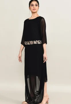 Hand Embroidered Pure Georgette Cowl Dress in Black
