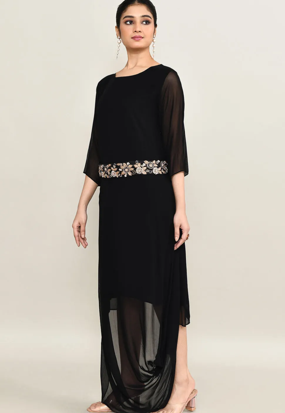 Hand Embroidered Pure Georgette Cowl Dress in Black