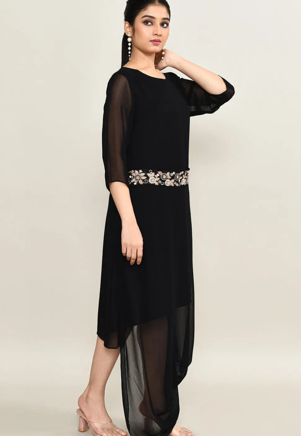 Hand Embroidered Pure Georgette Cowl Dress in Black