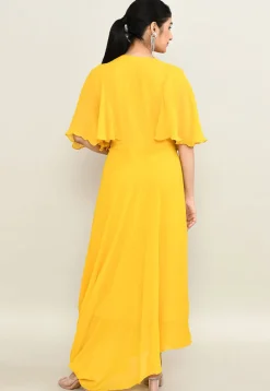 Hand Embroidered Pure Georgette Cowl Gown in Yellow