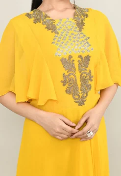 Hand Embroidered Pure Georgette Cowl Gown in Yellow