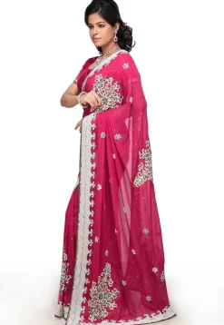 Hand Embroidered Pure Georgette Saree in Fuchsia