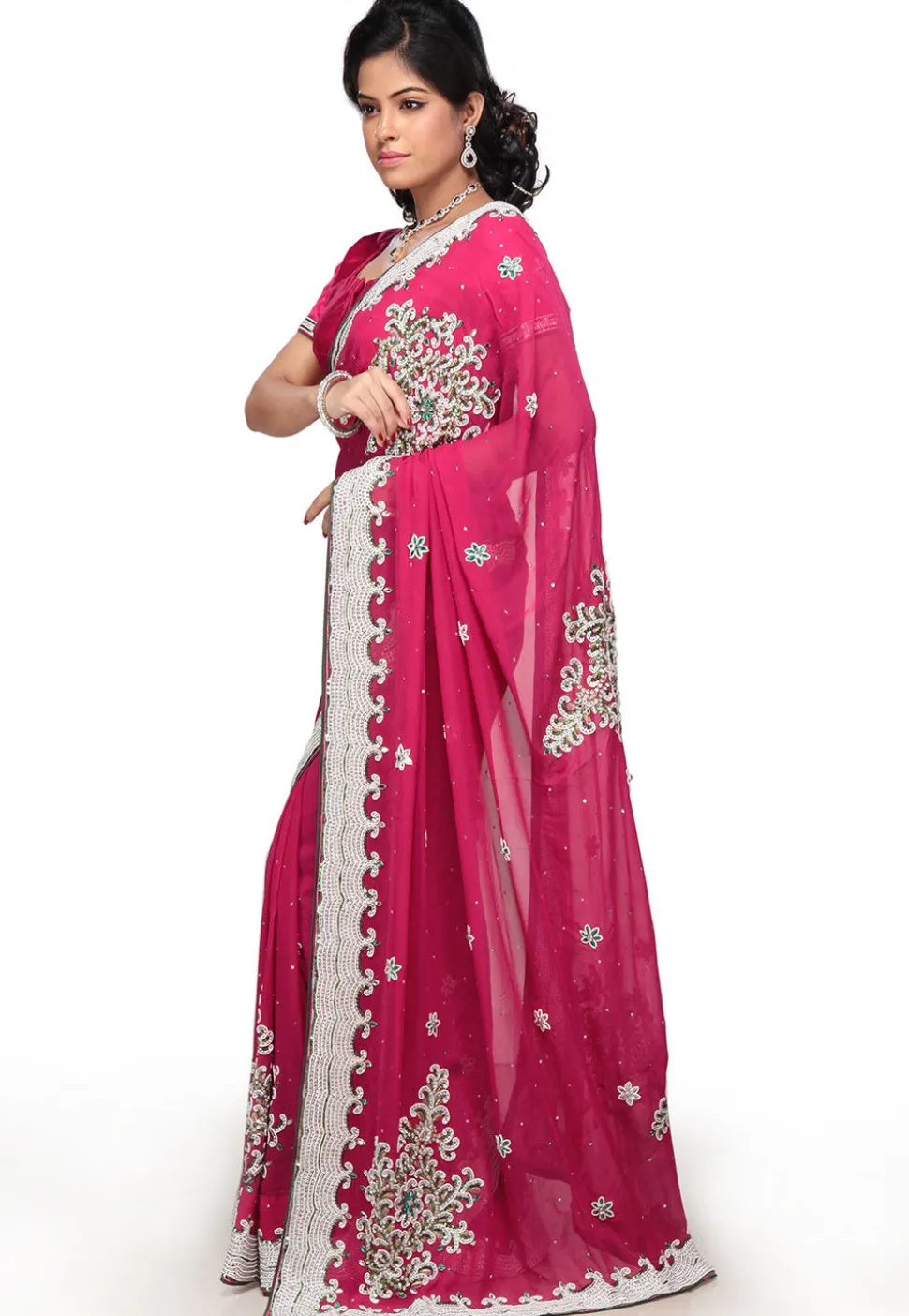 Hand Embroidered Pure Georgette Saree in Fuchsia