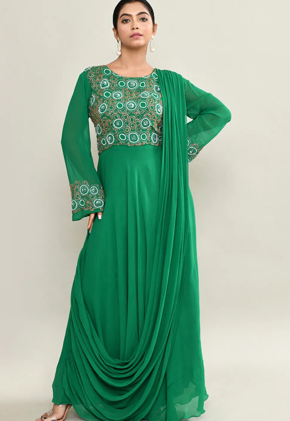Hand Embroidered Pure Georgette Gown with Attached Dupatta in Green