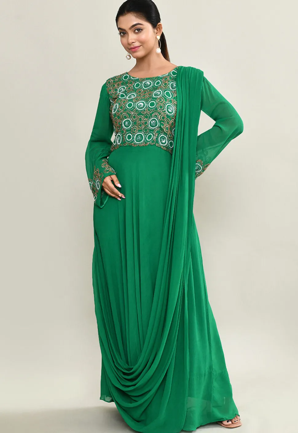Hand Embroidered Pure Georgette Gown with Attached Dupatta in Green
