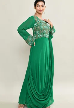 Hand Embroidered Pure Georgette Gown with Attached Dupatta in Green