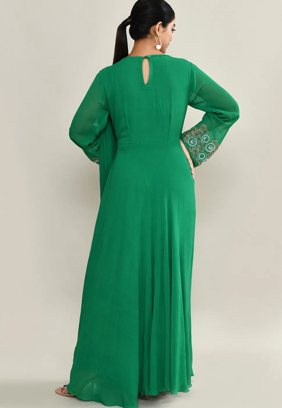 Hand Embroidered Pure Georgette Gown with Attached Dupatta in Green