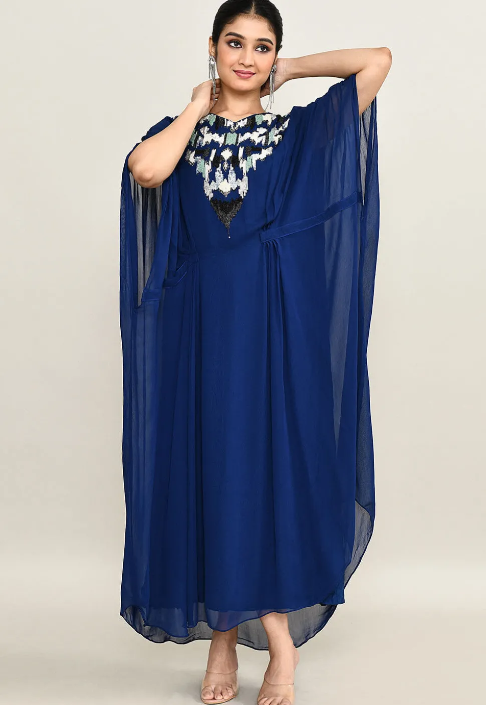 Hand Embroidered Pure Georgette Kaftan Dress in Royal Blue