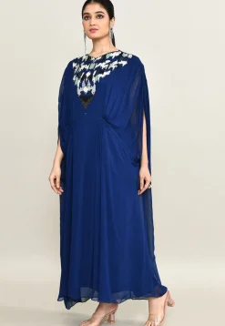 Hand Embroidered Pure Georgette Kaftan Dress in Royal Blue