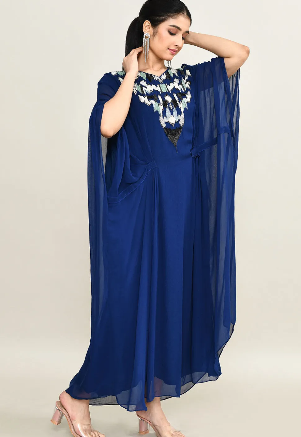 Hand Embroidered Pure Georgette Kaftan Dress in Royal Blue