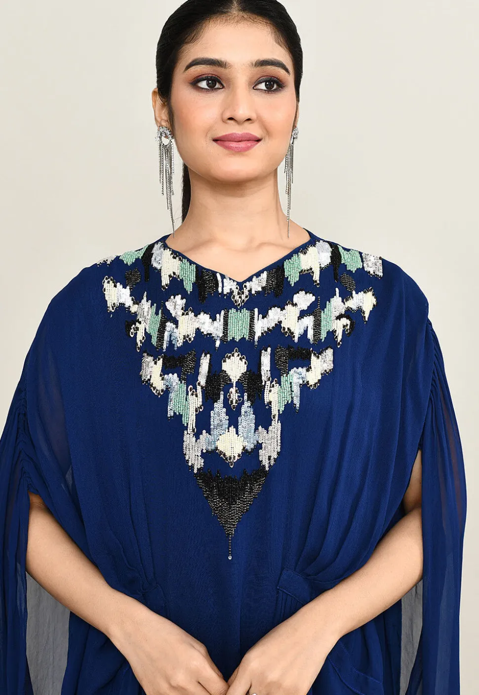 Hand Embroidered Pure Georgette Kaftan Dress in Royal Blue