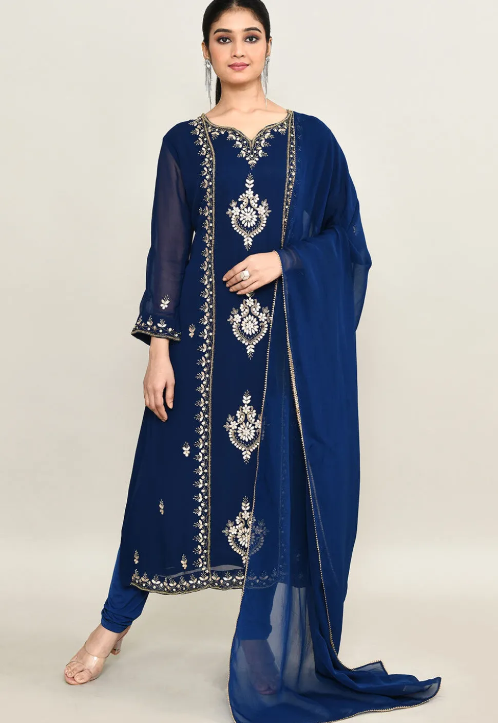 Hand Embroidered Pure Georgette Pakistani Suit in Navy Blue