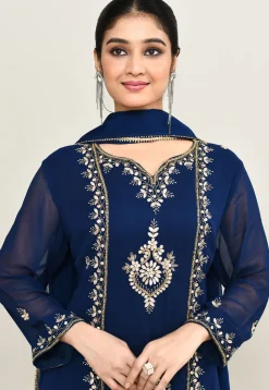 Hand Embroidered Pure Georgette Pakistani Suit in Navy Blue