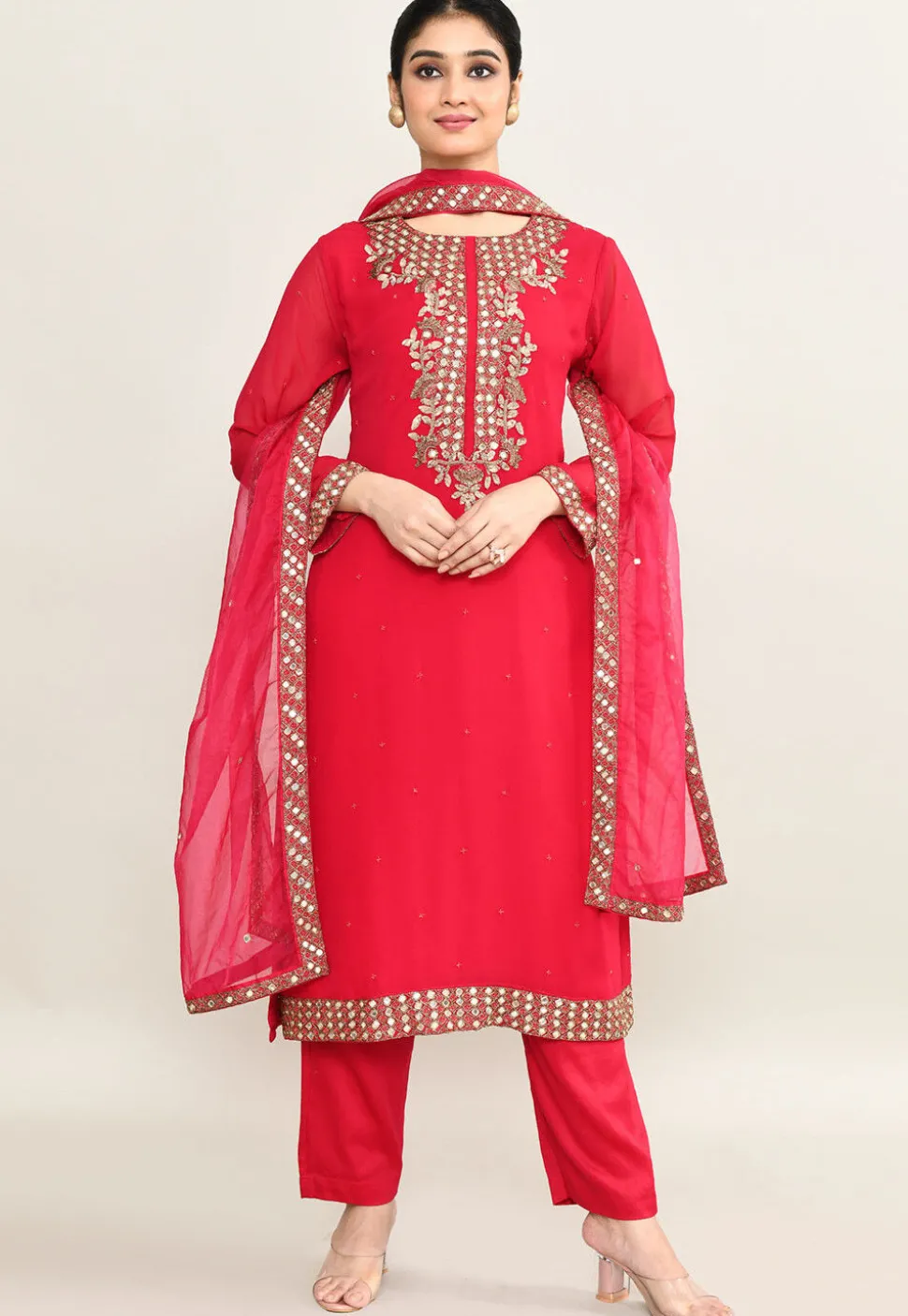 Hand Embroidered Pure Georgette Pakistani Suit in Coral Pink