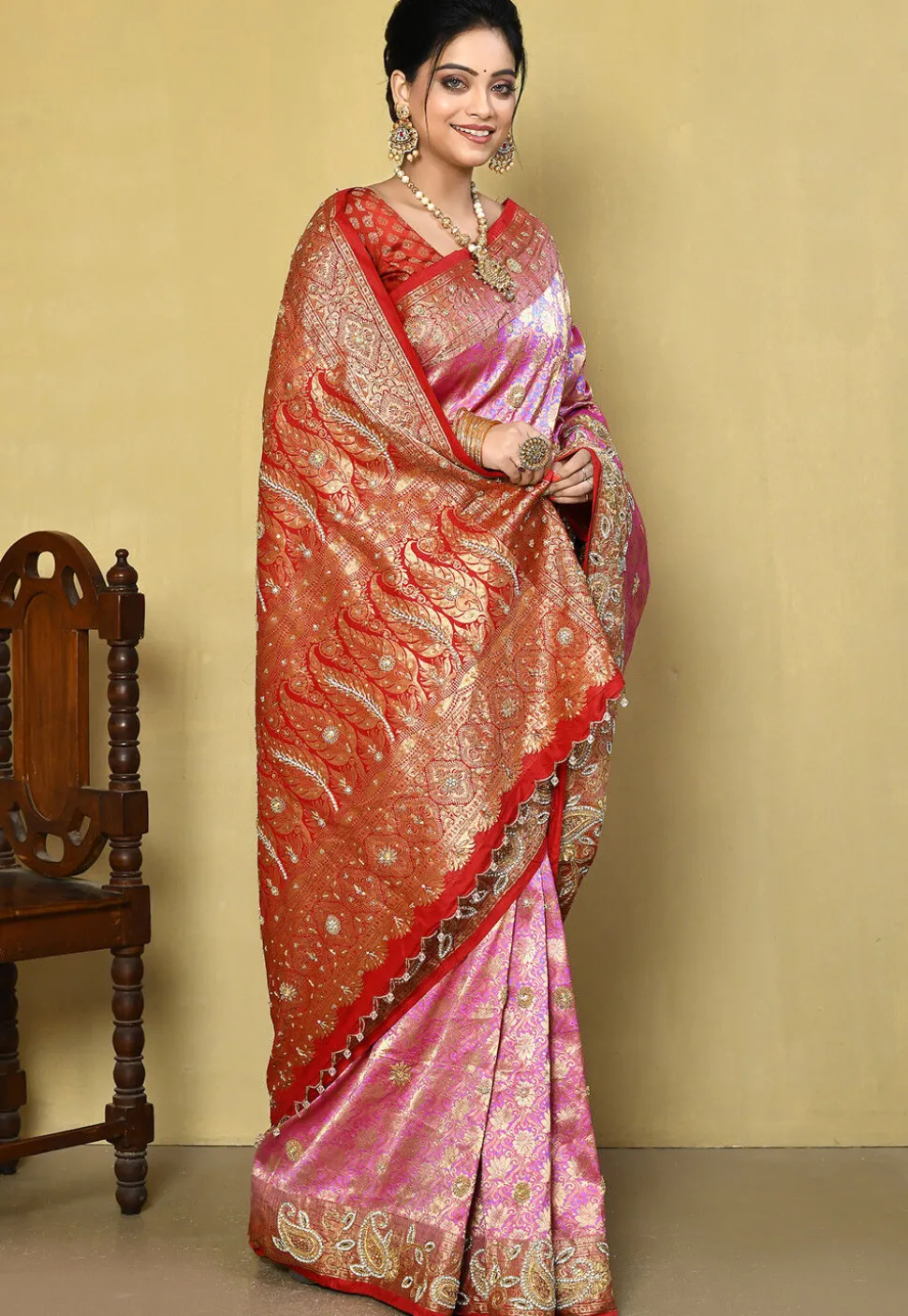 Hand Embroidered Pure Kanchipuram Silk Saree in Pink