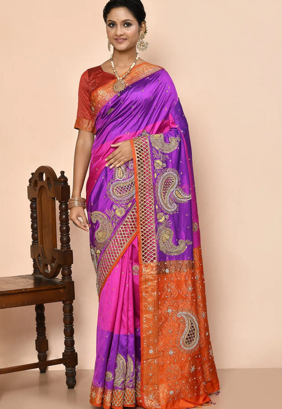 Hand Embroidered Pure Kanchipuram Silk Saree in Purple and Pink