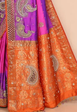 Hand Embroidered Pure Kanchipuram Silk Saree in Purple and Pink