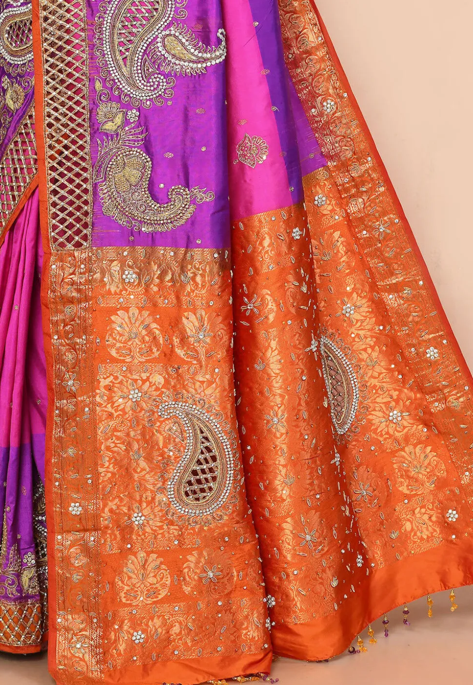 Hand Embroidered Pure Kanchipuram Silk Saree in Purple and Pink