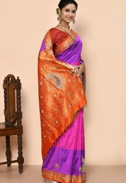 Hand Embroidered Pure Kanchipuram Silk Saree in Purple and Pink