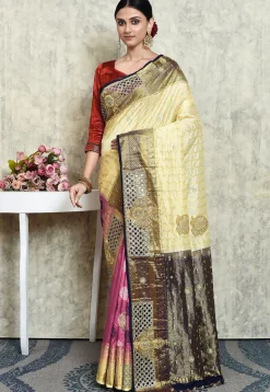 Hand Embroidered Pure Kanchipuram Silk Saree in Cream and Pink