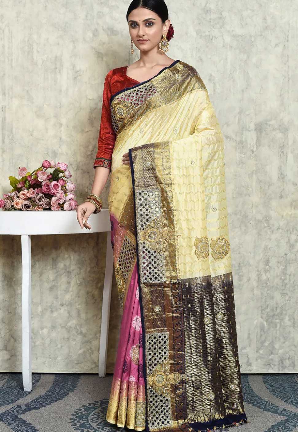 Hand Embroidered Pure Kanchipuram Silk Saree in Cream and Pink