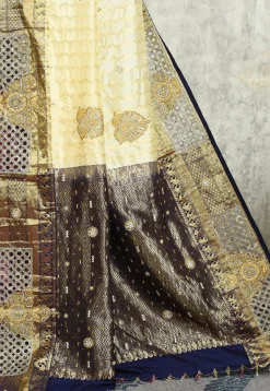 Hand Embroidered Pure Kanchipuram Silk Saree in Cream and Pink