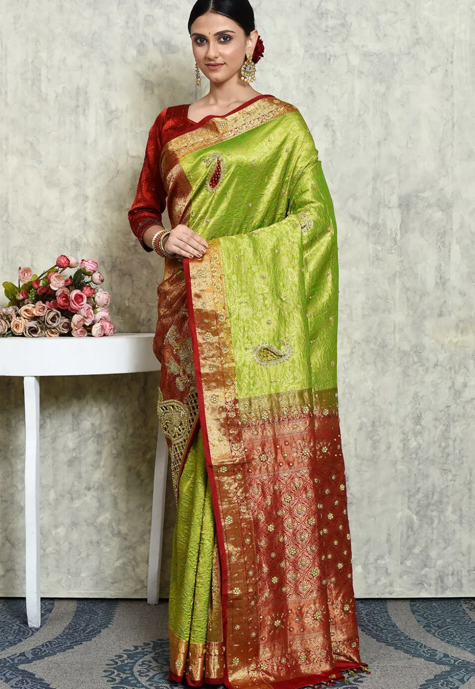 Hand Embroidered Pure Kanchipuram Saree in Green and Maroon