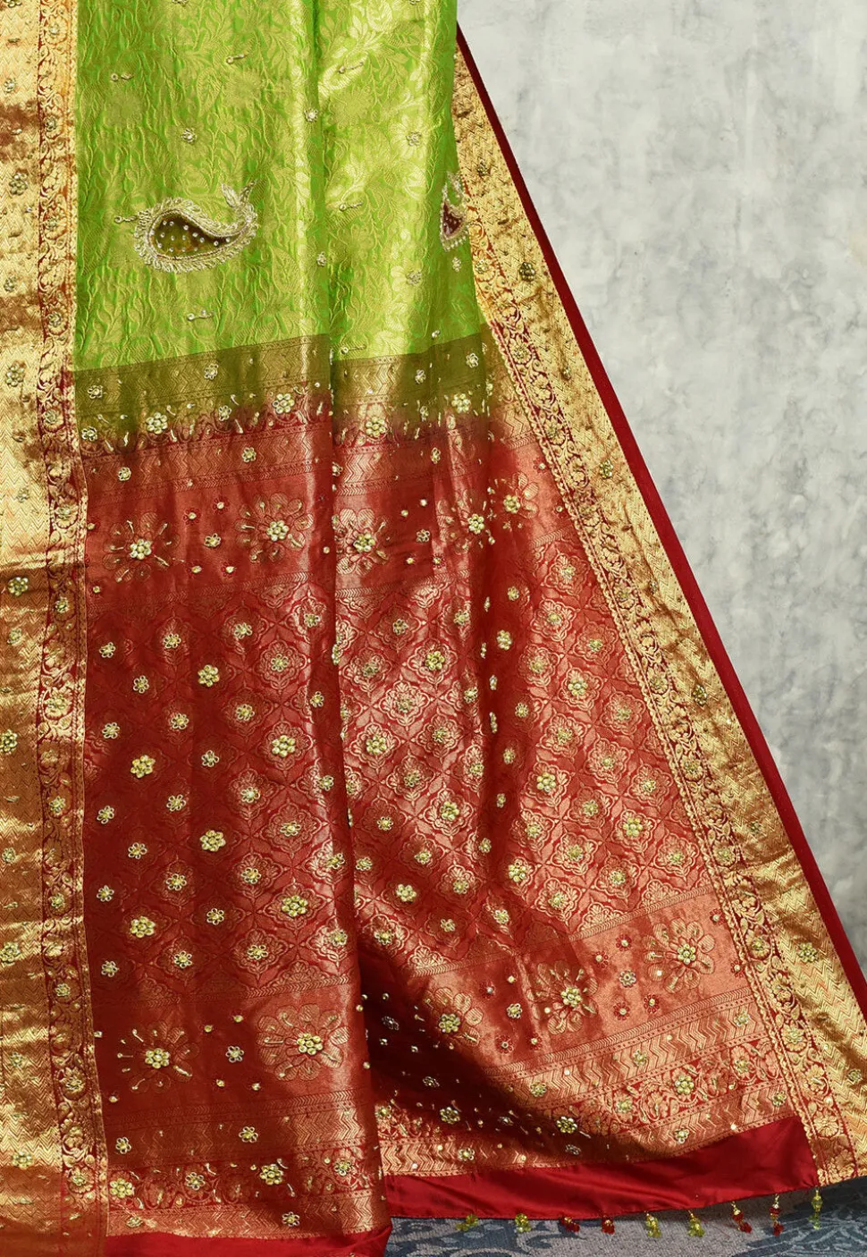 Hand Embroidered Pure Kanchipuram Saree in Green and Maroon