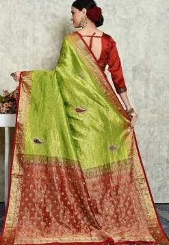 Hand Embroidered Pure Kanchipuram Saree in Green and Maroon