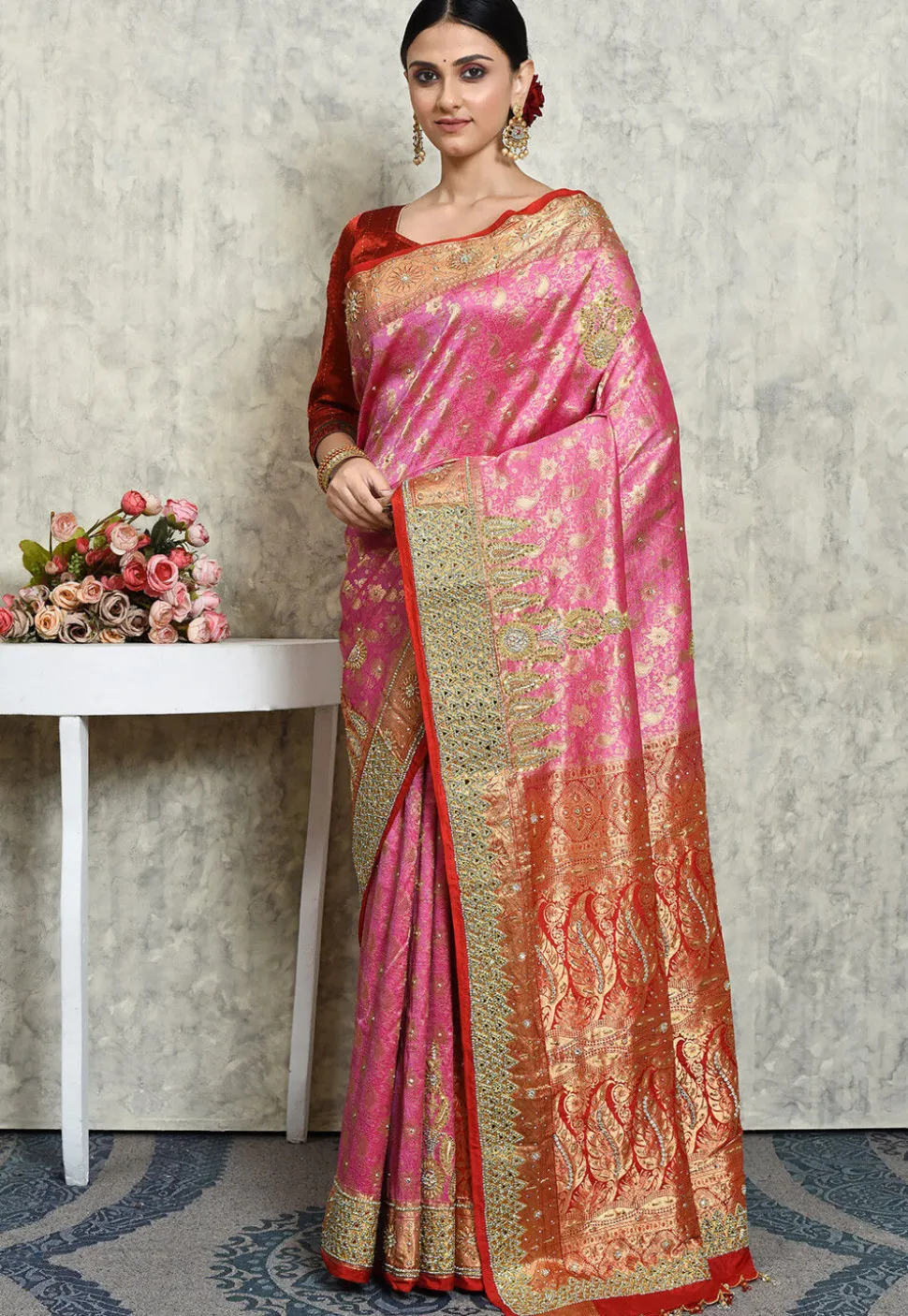 Hand Embroidered Pure Kanchipuram Silk Saree in Pink