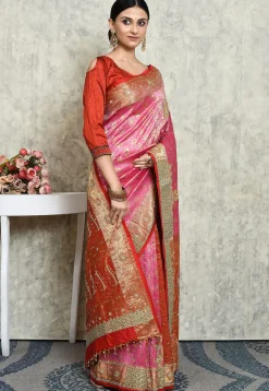 Hand Embroidered Pure Kanchipuram Silk Saree in Pink