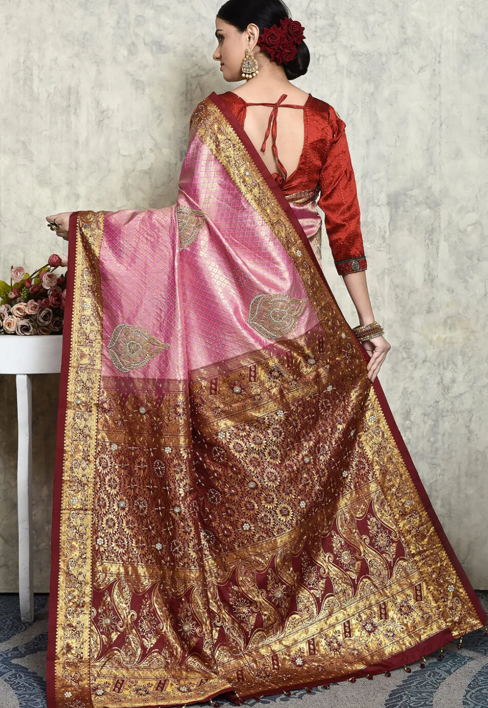 Hand Embroidered Pure Kanchipuram Silk Saree in Pink