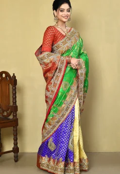 Hand Embroidered Pure Kanchipuram Saree in Green and Multicolor