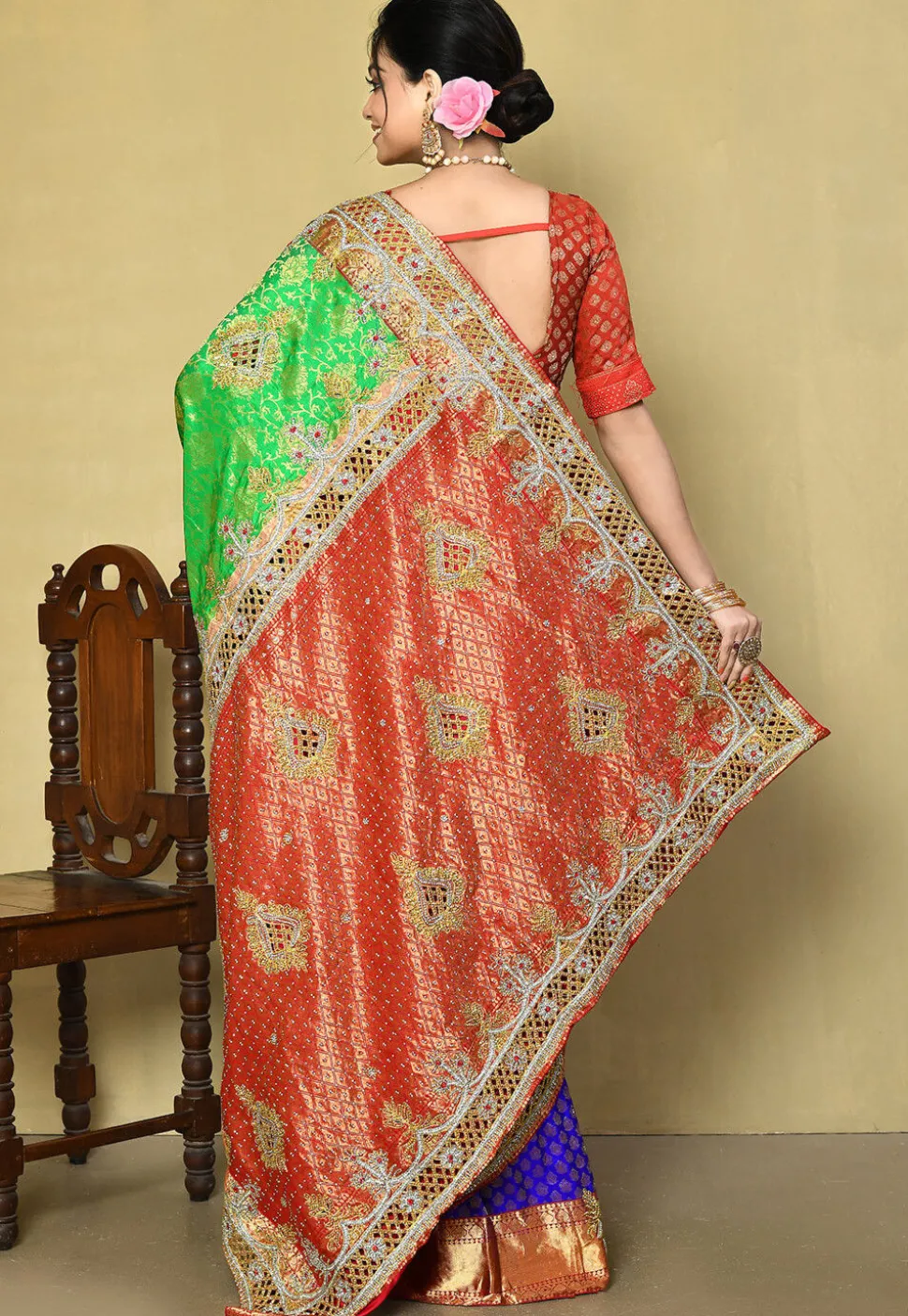 Hand Embroidered Pure Kanchipuram Saree in Green and Multicolor