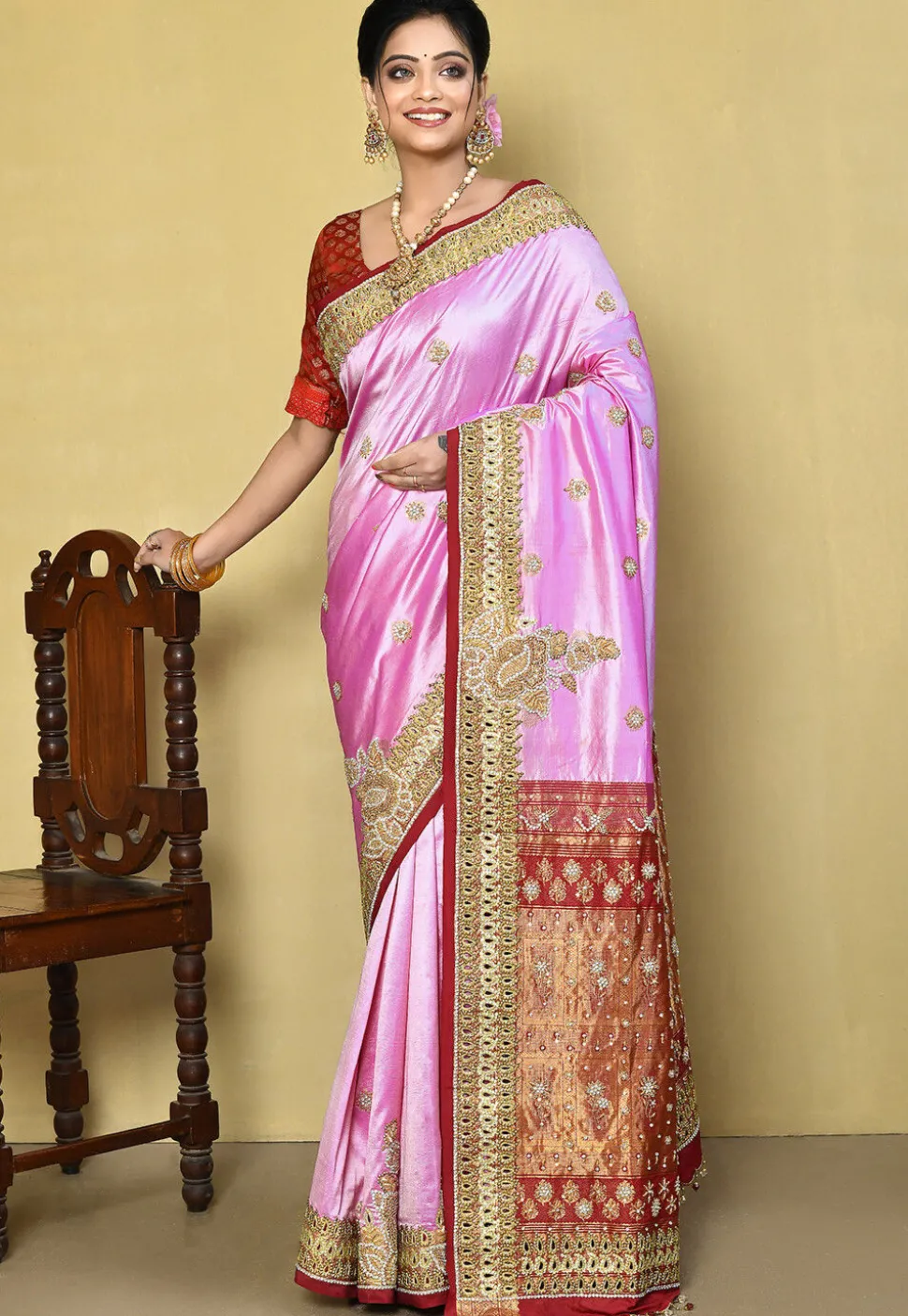 Hand Embroidered Pure Kanchipuram Silk Saree in Light Purple