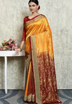 Hand Embroidered Pure Kanchipuram Saree in Orange and Maroon