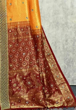 Hand Embroidered Pure Kanchipuram Saree in Orange and Maroon