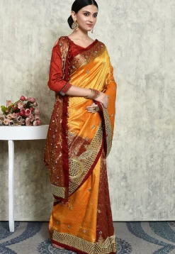Hand Embroidered Pure Kanchipuram Saree in Orange and Maroon