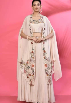 Hand Embroidered Pure Silk Crop Top Set in Beige