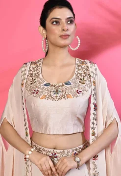 Hand Embroidered Pure Silk Crop Top Set in Beige
