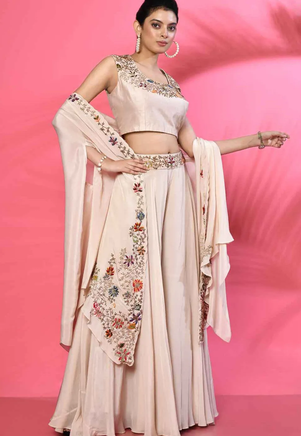 Hand Embroidered Pure Silk Crop Top Set in Beige