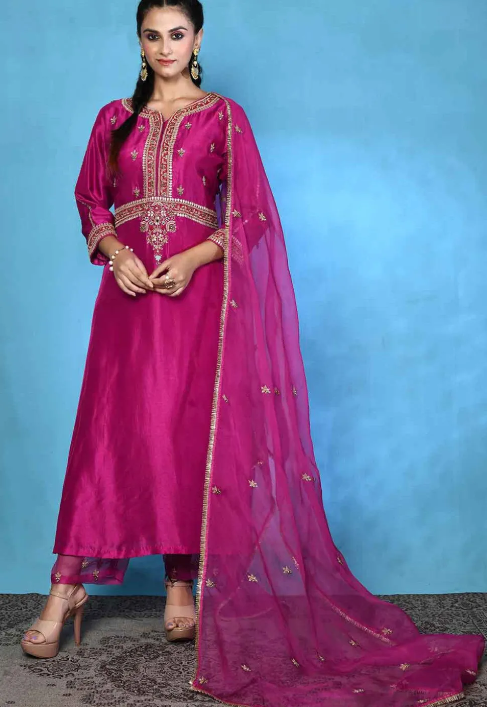 Hand Embroidered Pure Silk Pakistani Suit in Magenta