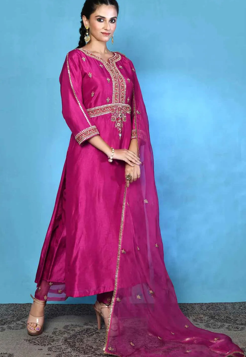 Hand Embroidered Pure Silk Pakistani Suit in Magenta