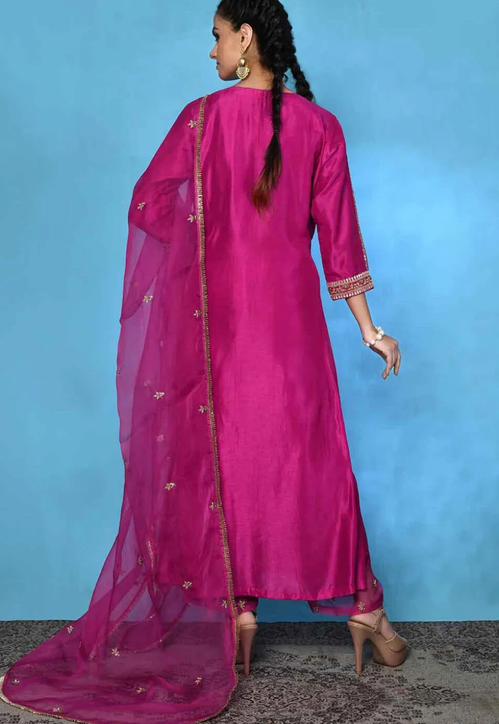 Hand Embroidered Pure Silk Pakistani Suit in Magenta