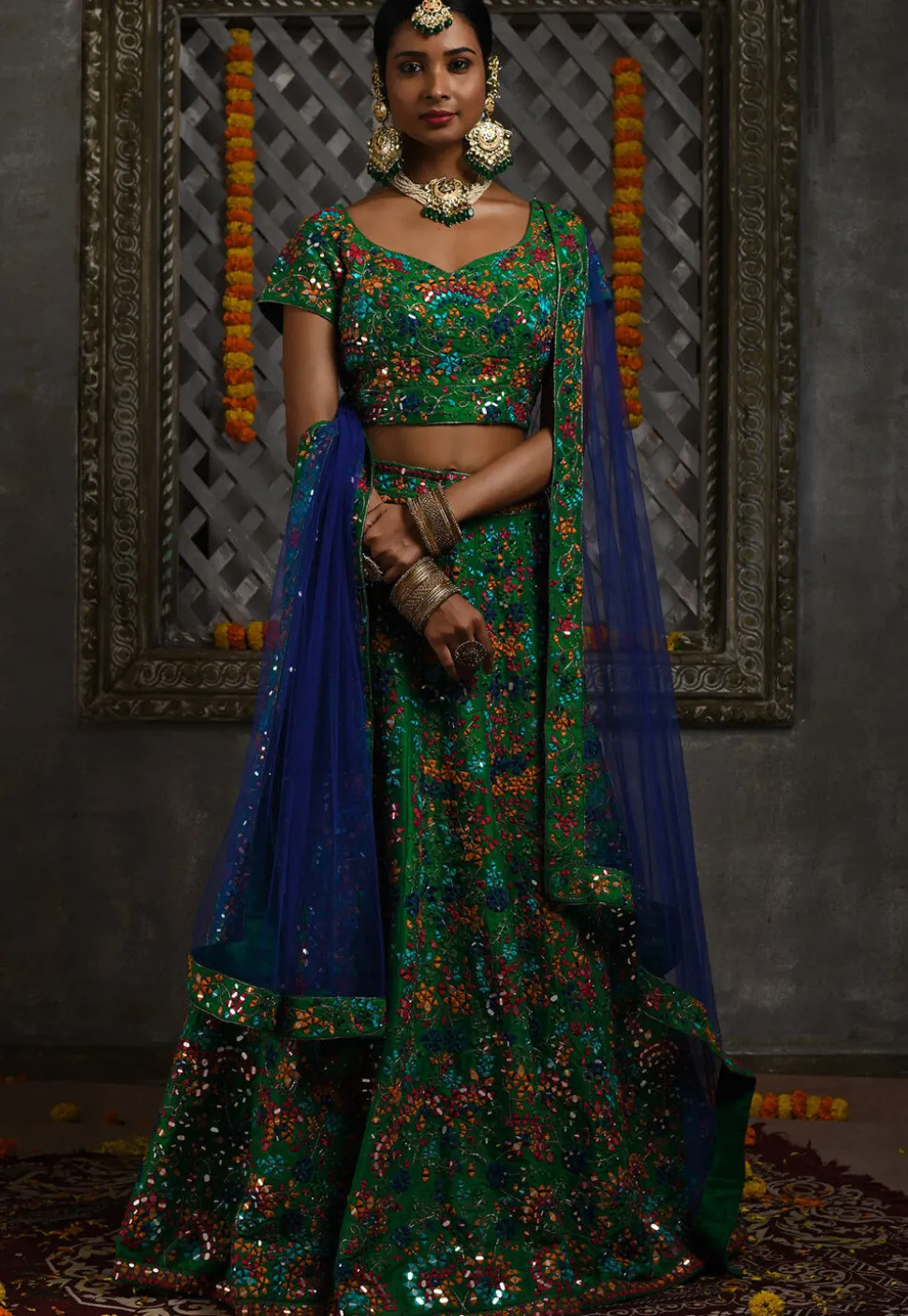 Hand Embroidered Pure Silk Lehenga in Green