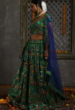 Hand Embroidered Pure Silk Lehenga in Green