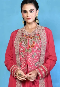 Hand Embroidered Pure Silk Top Set in Coral Pink