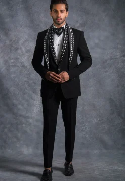Hand Embroidered Pure Terry Rayon Tuxedo Set in Black