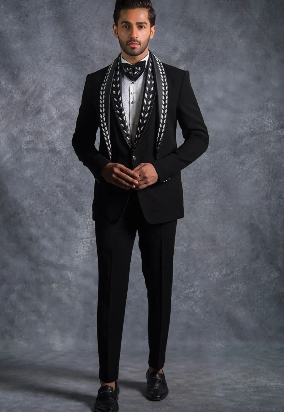 Hand Embroidered Pure Terry Rayon Tuxedo Set in Black