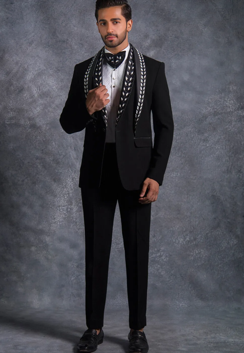 Hand Embroidered Pure Terry Rayon Tuxedo Set in Black